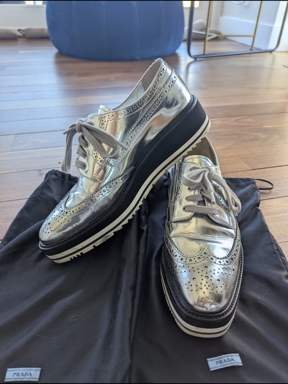 Authentic Prada Silver Metallic Platform Brogues - Comes With Box And Dust Bags.